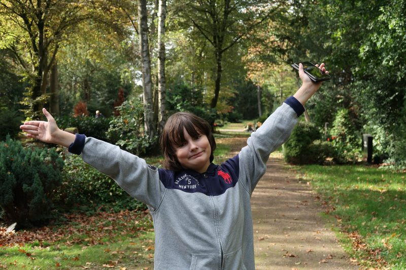 Merlin mit weit ausgebreiteten Armen in einem herbstlichen Park